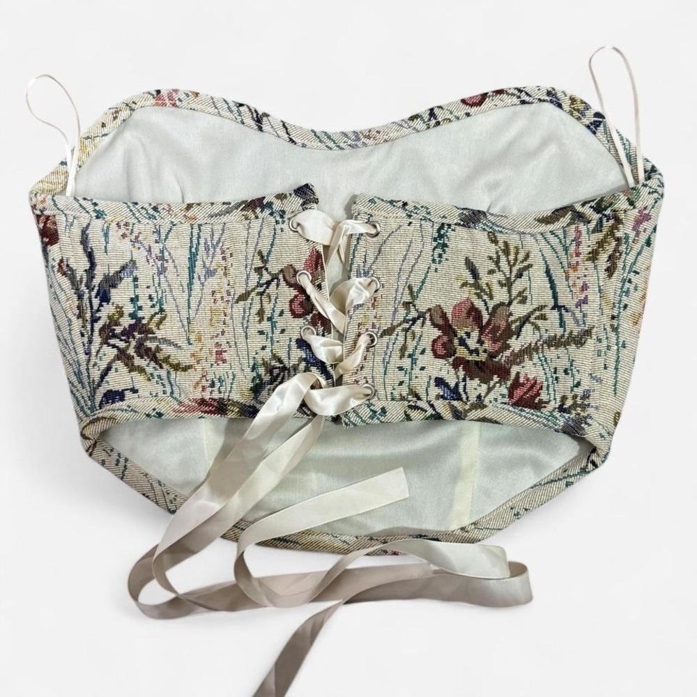 Tapestry Floral Corset Top Sz L Lace Up Strapless Cottagecore Boho Festival - Picture 3 of 6